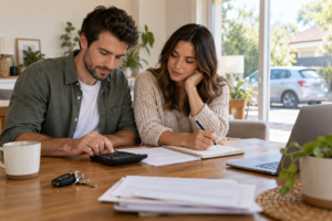 Couple reviewing their budget before buying a car